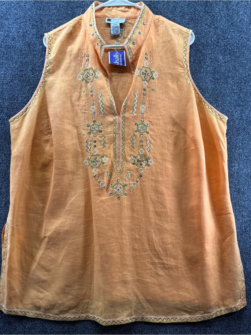 NWT Carole Little Sleeveless Tunic 22W Orange 100% Linen Embroidered Beaded Boho